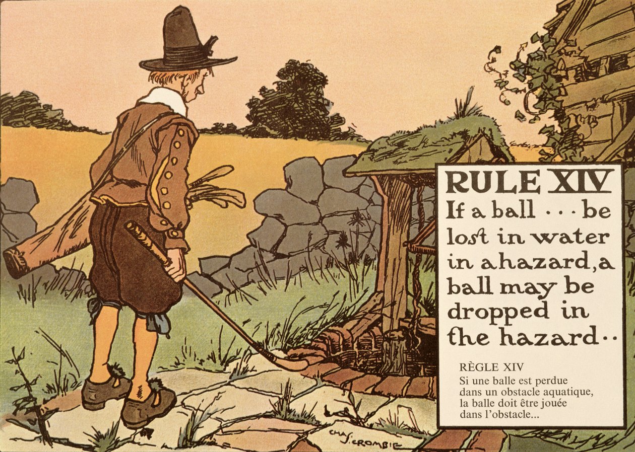 Regra XIV: Se uma bola se perder na água em um azar, uma bola pode ser lançada no azar, em "Rules of Golf", publicado em 1905 de Charles Crombie
