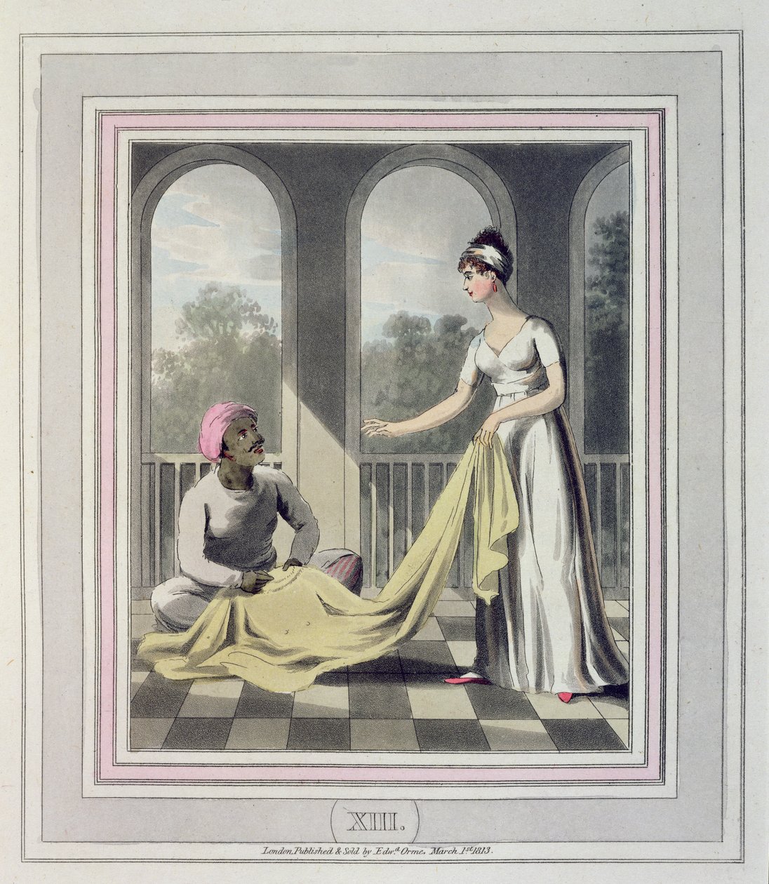 Uma senhora européia dando instruções a ela Durzee, ou alfaiate nativo, prato 13 de "O europeu na Índia", publicado em 1813 (aquatinta colorida à mão) de Charles d Oyly