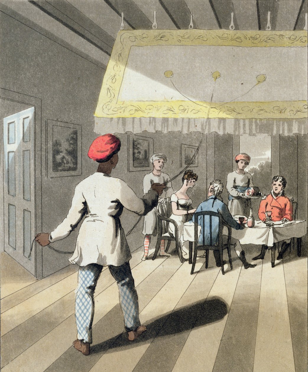 Kedmutgars de um cavalheiro, ou servos de mesa, trazendo no jantar, placa 8 de &39;The European in India&39;, publicado em 1813 (aquatint colorido à mão) de Charles d Oyly