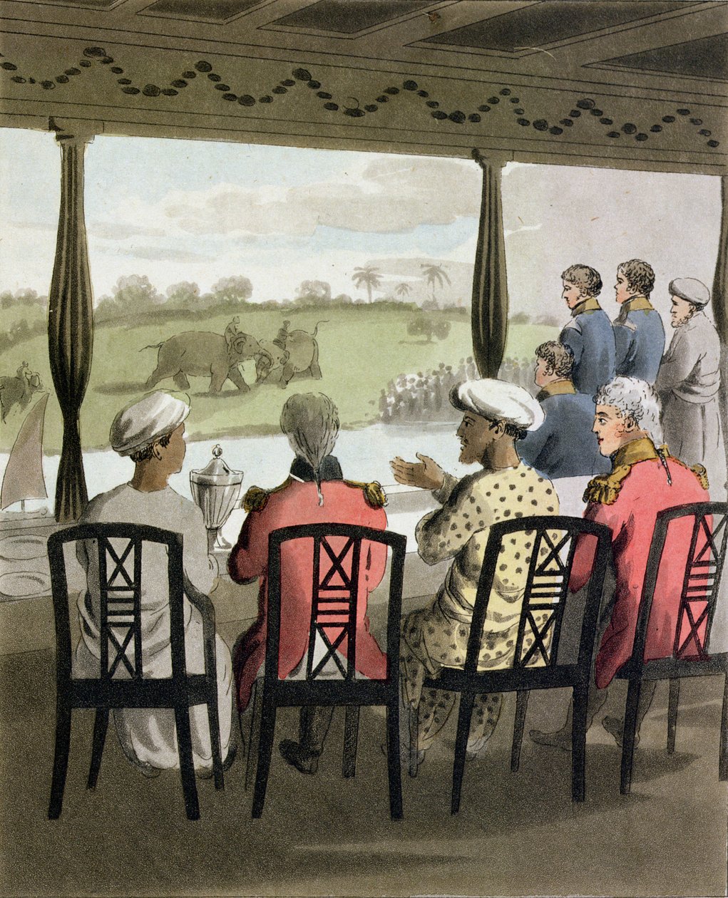 Marquês Wellesley e sua suíte, na Mesa de Café da Manhã Nababo de Oude, vendo uma luta de elefantes, prato 20 de &39;O Europeu na Índia&39;, publicado em 1813 (aquatinta colorido à mão) de Charles d Oyly
