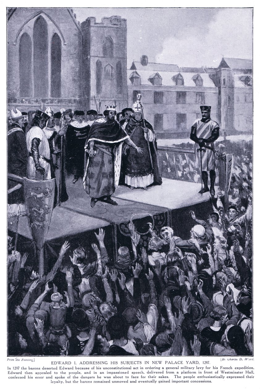Edward I abordando seus assuntos no novo pátio do palácio AD1297, 1920 de Charles Daniel Ward