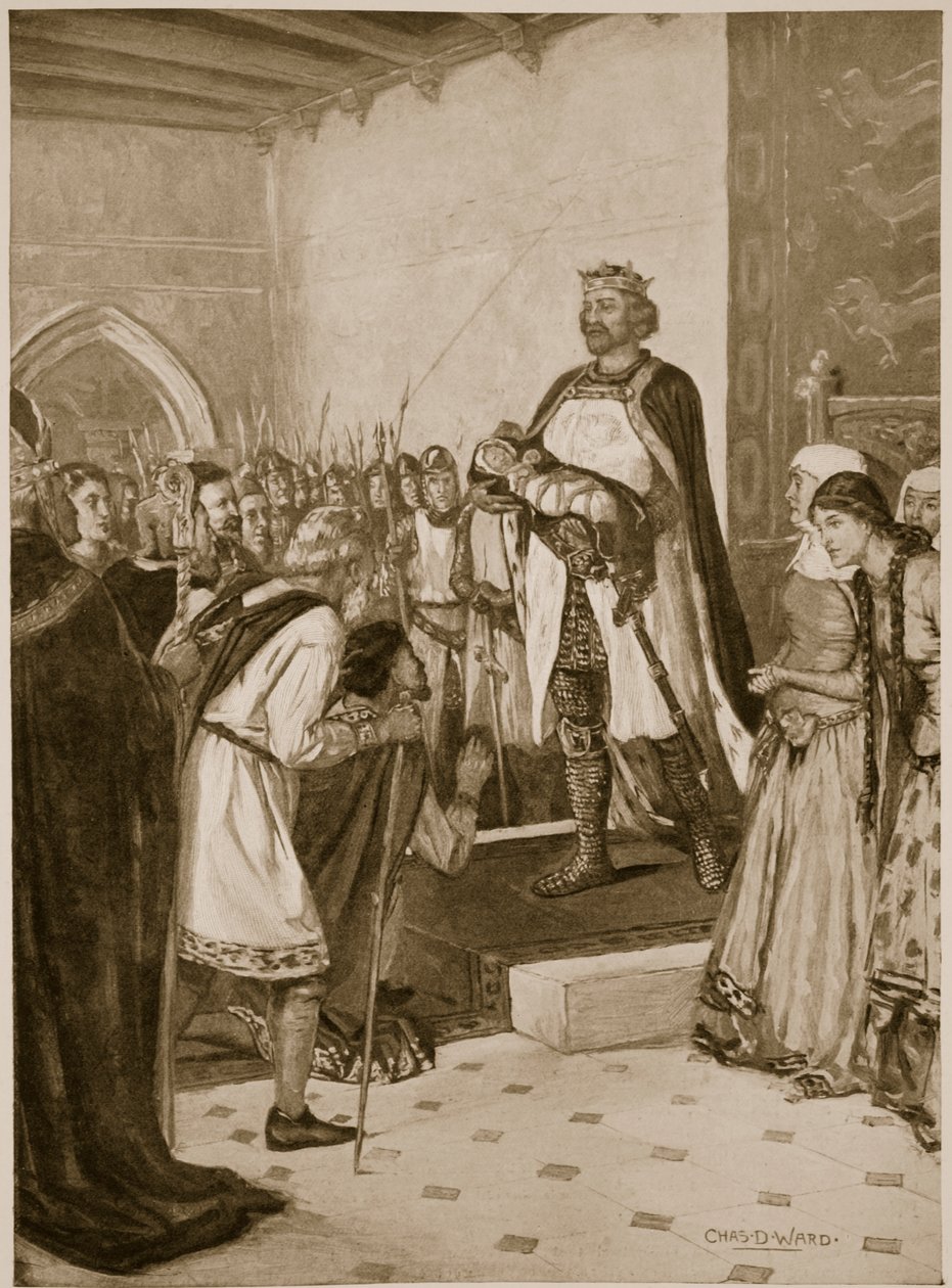 Rei Eduardo I Apresentando seu filho menor Eduardo aos chefes galeses no Castelo de Carnarvon como seu príncipe de Gales de Charles Daniel Ward