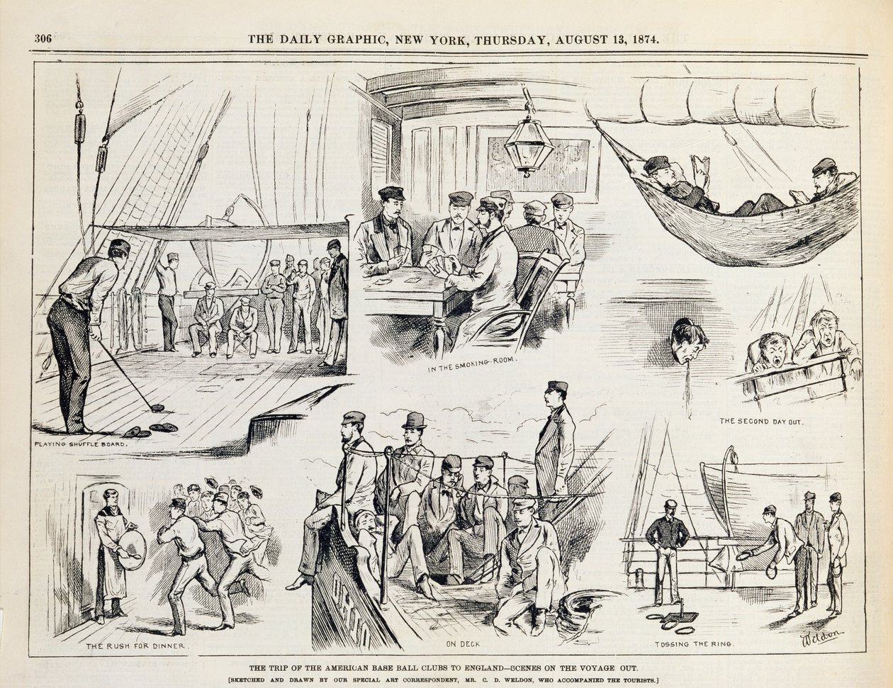 A viagem dos clubes de beisebol americanos para a Inglaterra (The Voyage Out), publicada no The New York Daily Graphic, 1874 de Charles Weld