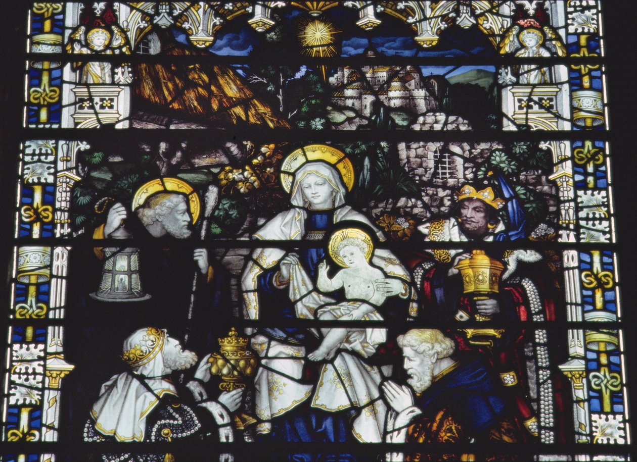 Adoração dos Magos, fabricada pela Kempe und Co. (vitral) de Charles E. Kempe
