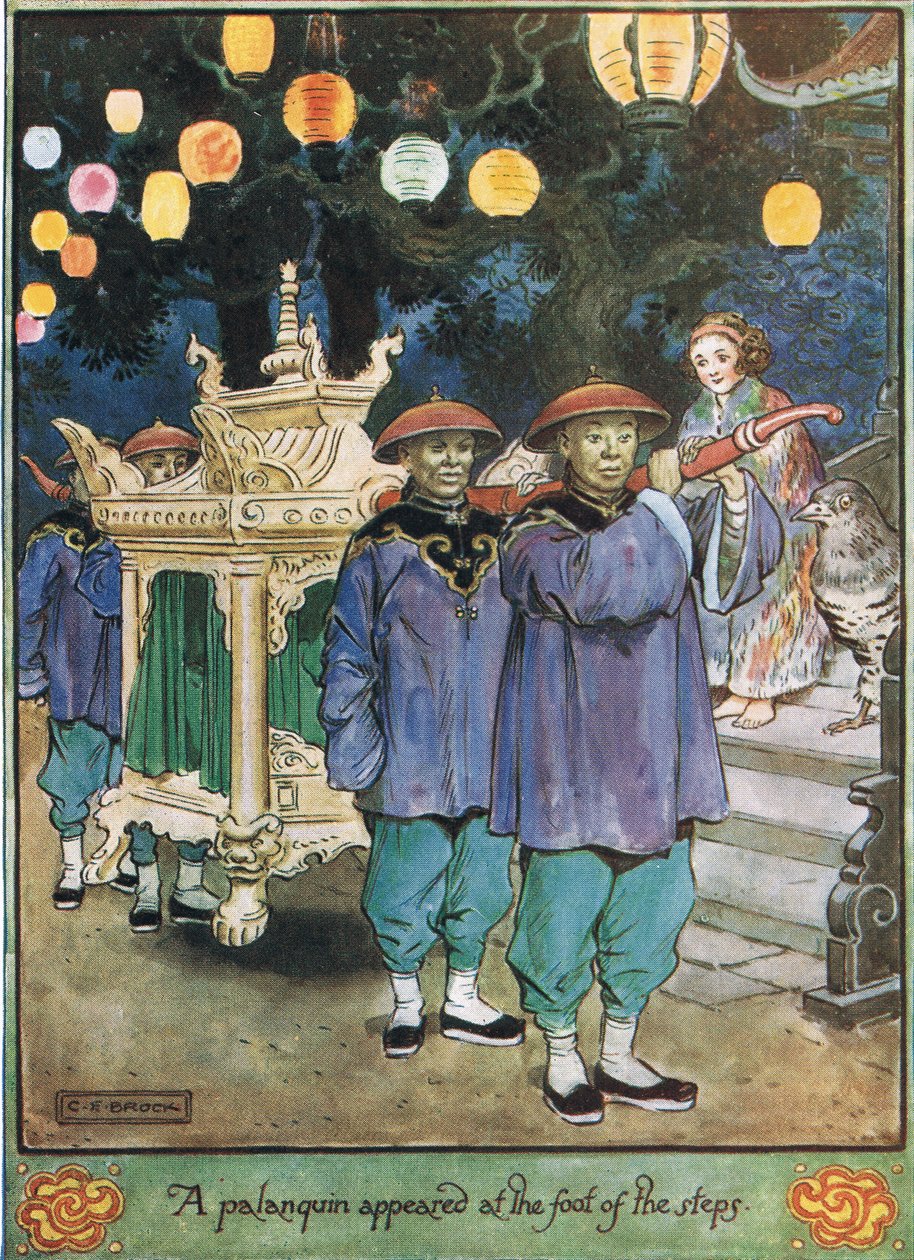 Um Palanquim apareceu ao pé dos degraus, ilustração de &39;The Cuckoo Clock&39; da Sra. Molesworth, publicada pela Macmillan em 1930. de Charles Edmund Brock