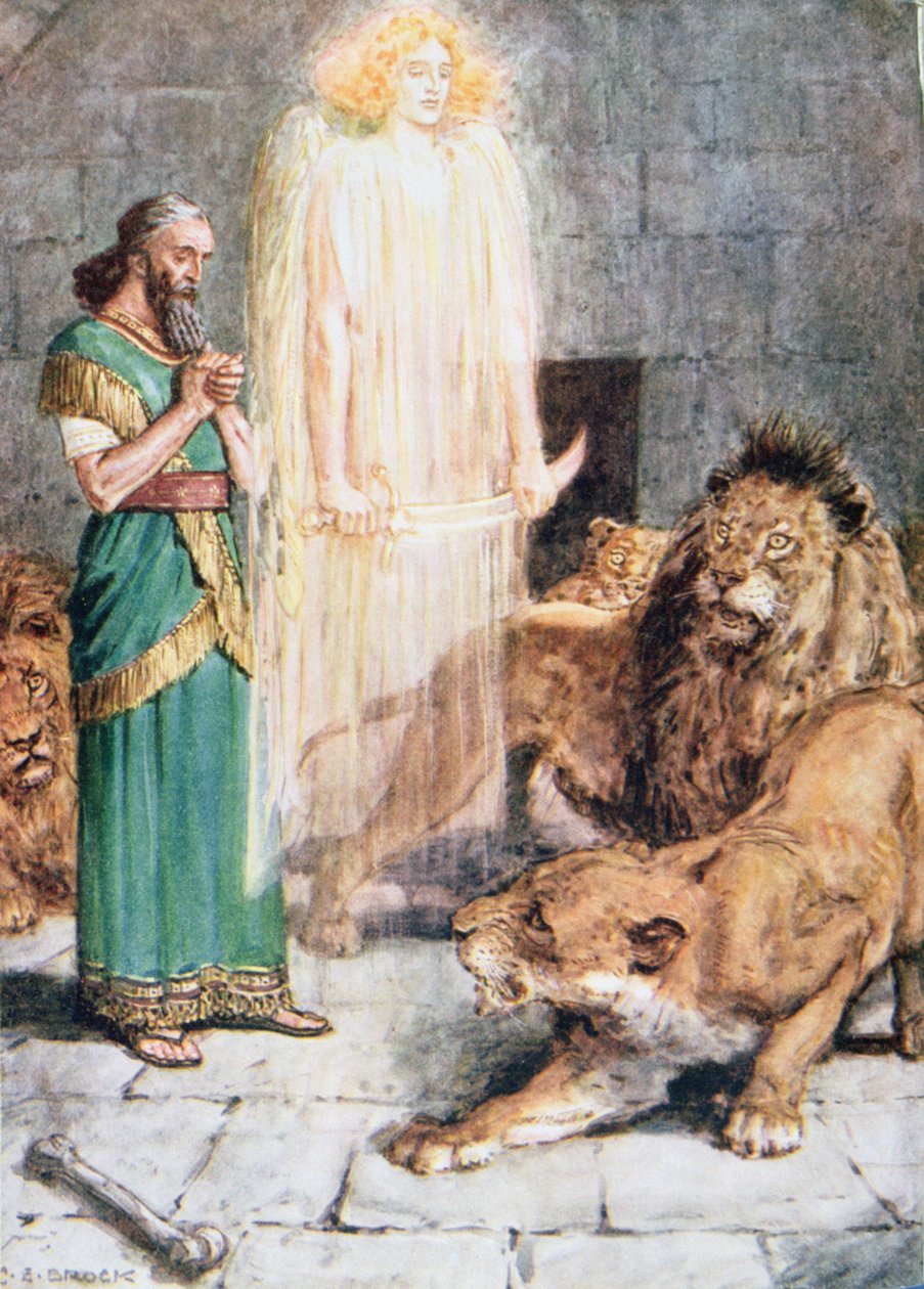 &39;Um anjo de Deus ficou por Daniel durante toda a noite&39;, ilustração de &39;Through the Bible&39;, publicado em 1928 de Charles Edmund Brock