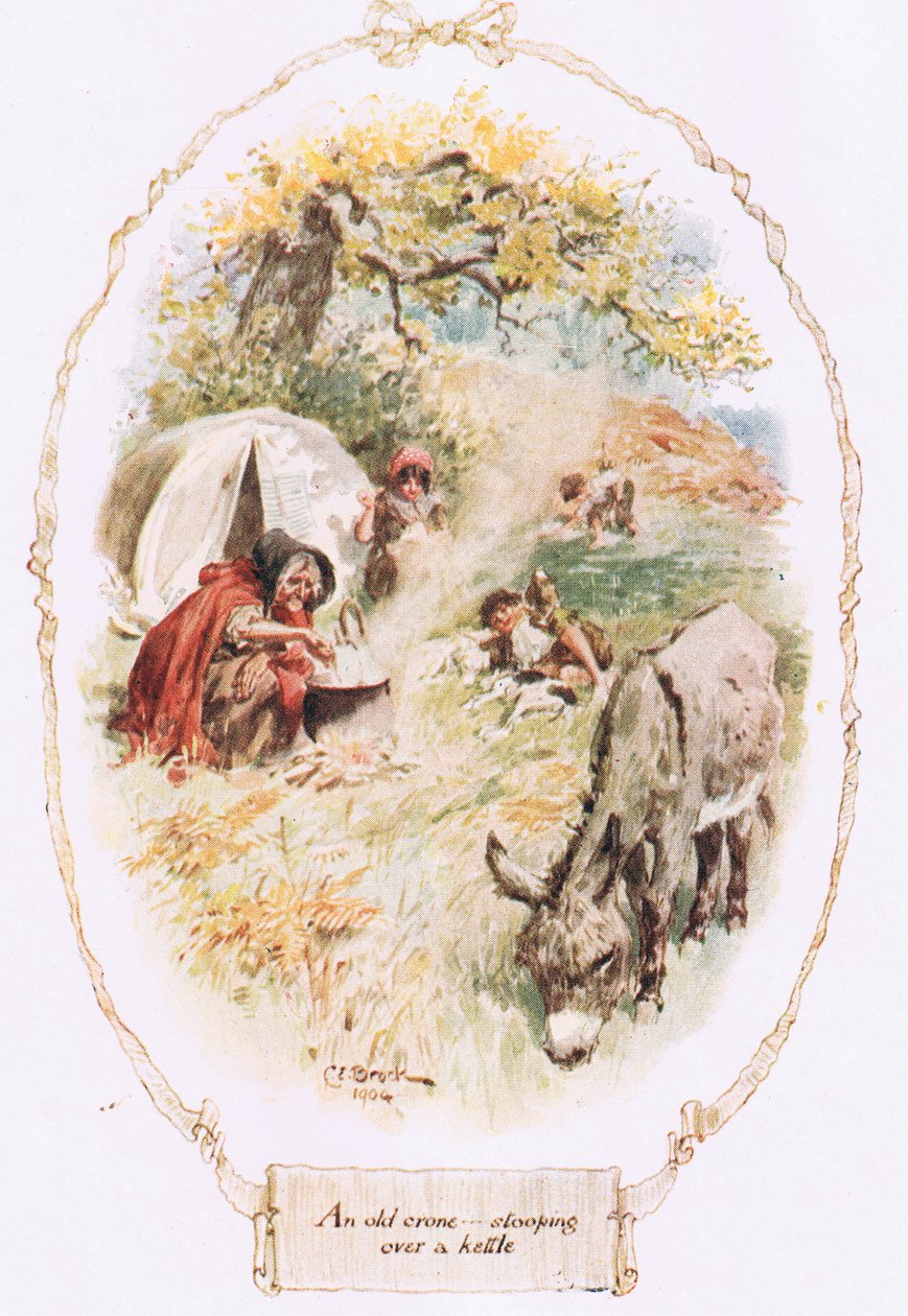 "Uma velha anciã inclinando-se sobre uma chaleira", de "Our Village", de Mary Russell Mitford de Charles Edmund Brock