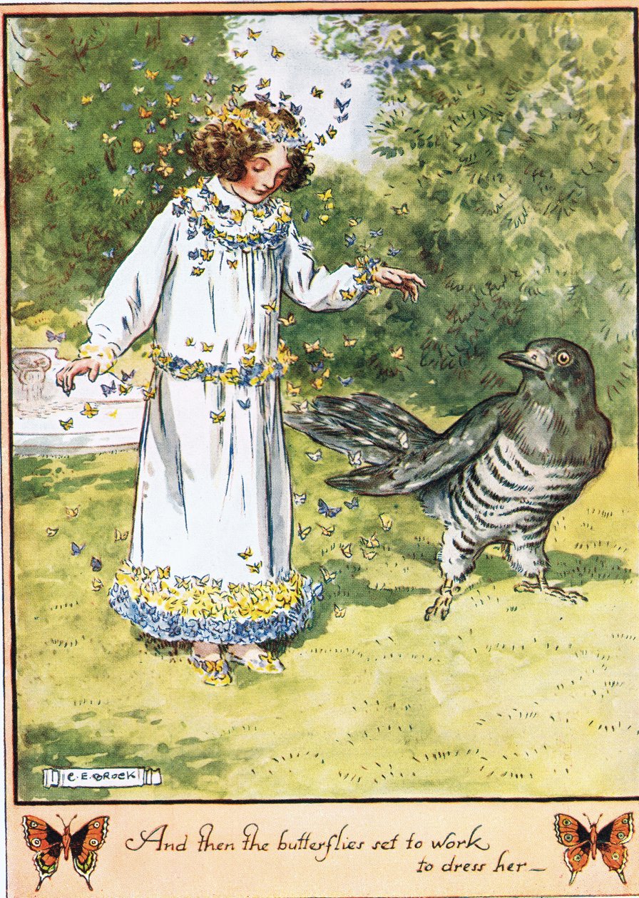E então as borboletas se puseram a trabalhar, para vesti-la, ilustração de &39;The Cuckoo Clock&39;, de Mrs Molesworth, publicada pela Macmillan em 1930. de Charles Edmund Brock