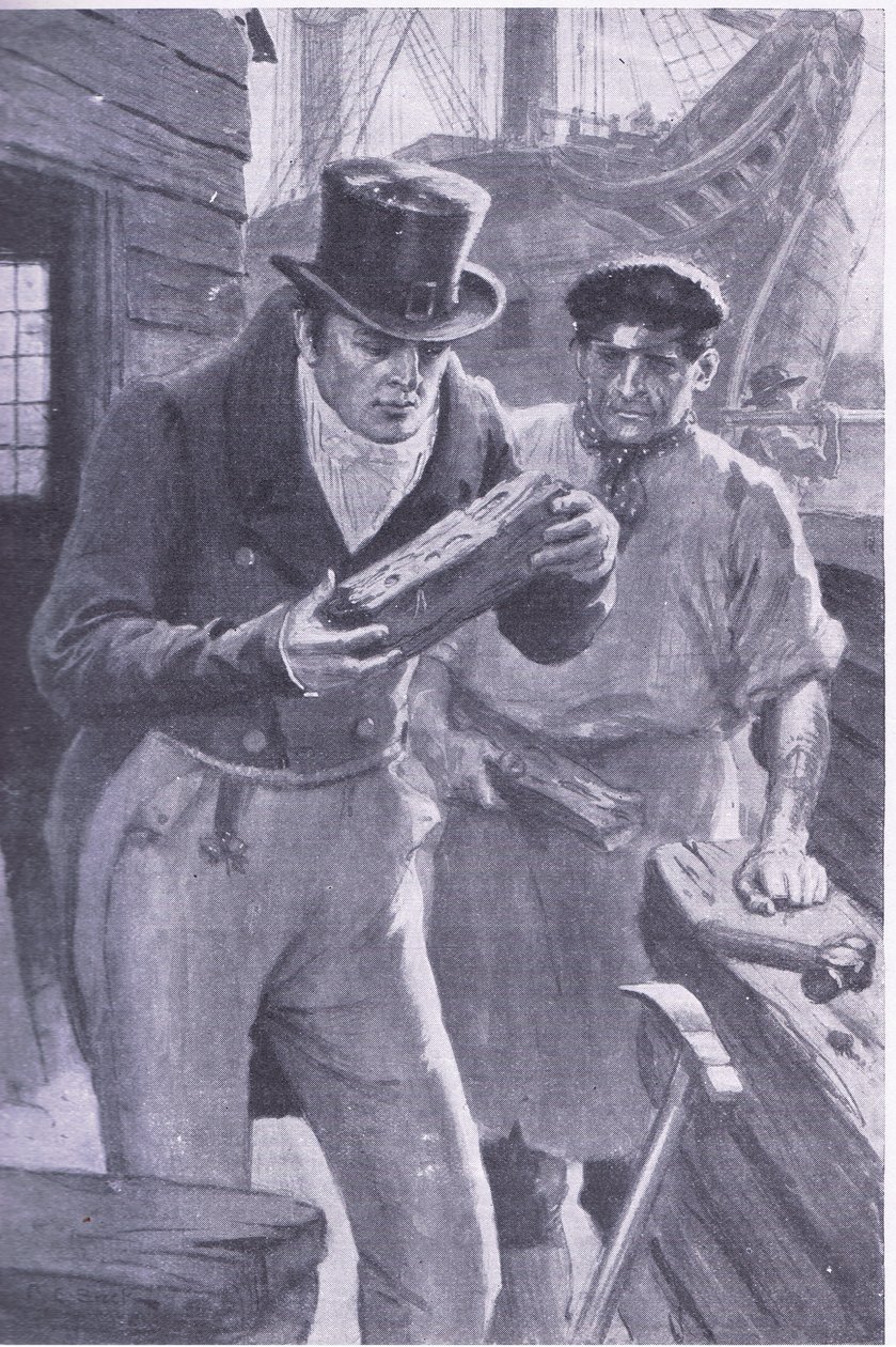 Brunel vê um pedaço de madeira de navio escavado por um teredo, inspirando sua idéia de escavar sob o rio Tamisa (litho) de Charles Edmund Brock