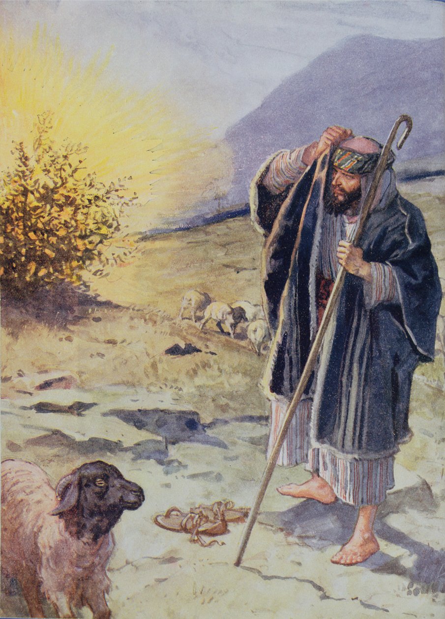 "O medo cresceu no coração de Moisés", ilustração de "Através da Bíblia", Venture Publishing, 1928 de Charles Edmund Brock