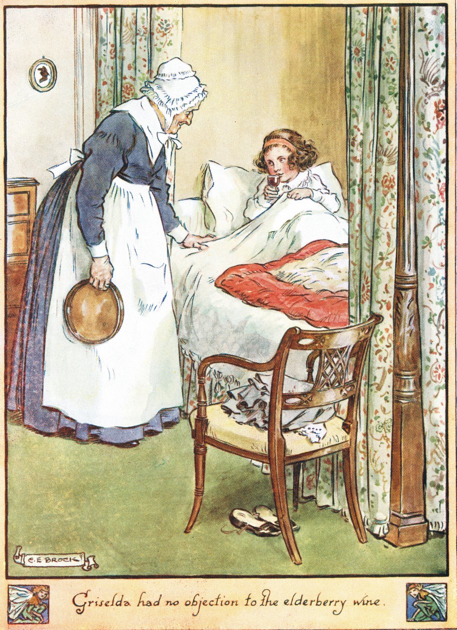 Griselda não fez objeções ao vinho de sabugueiro, ilustração de &39;The Cuckoo Clock&39;, de Mrs Molesworth, publicada pela Macmillan em 1930. de Charles Edmund Brock