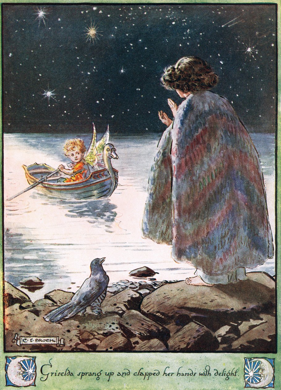 Griselda levantou-se e bateu palmas com deleite, ilustração de "The Cuckoo Clock", de Mrs. Molesworth, publicada pela Macmillan em 1930. de Charles Edmund Brock