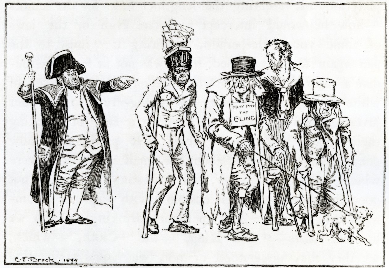 Ilustração para o ensaio "Uma queixa da decadência dos mendigos na metrópole", de Charles Lamb, 1899 de Charles Edmund Brock
