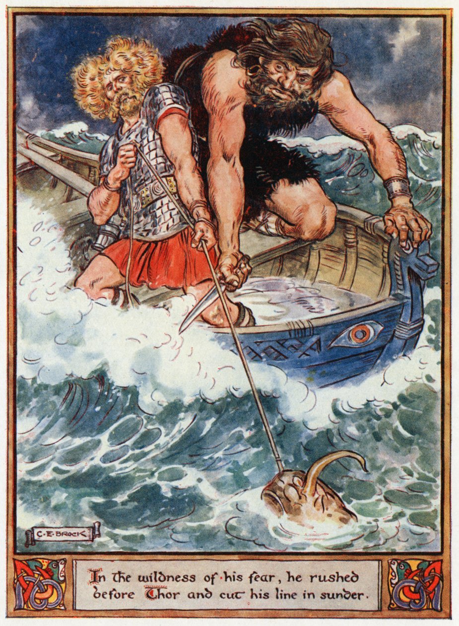 "Na selvageria de seu medo, ele correu diante de Thor e cortou sua linha", ilustração de "Os heróis de Asgard, contos da mitologia escandinava", de A und E Keary, 1930 de Charles Edmund Brock