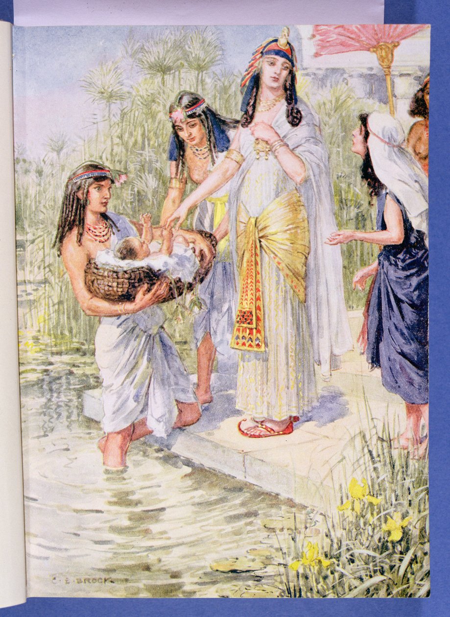 "Miriam se aventurou a aproximar-se", ilustração de "Through the Bible", Venture Publishing, 1928 de Charles Edmund Brock