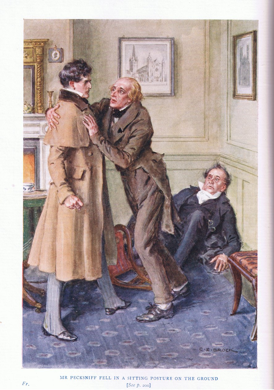 Sr. Pecksniff caiu em uma postura sentada no chão de Charles Edmund Brock
