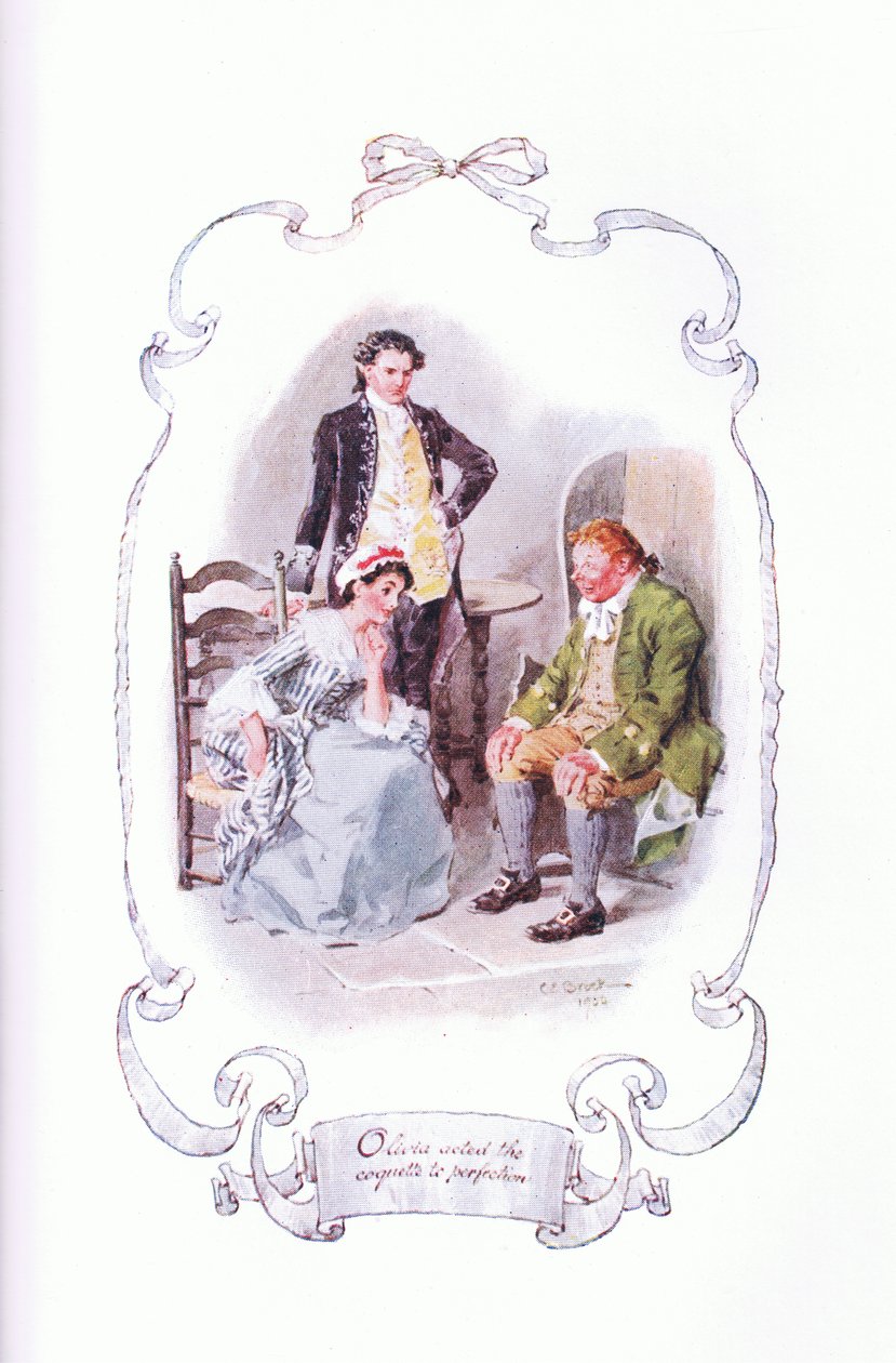 Olivia fez a coquette com perfeição, do The Vicar of Wakefield publicado pela JM Dent & Son Ltd, década de 1920 de Charles Edmund Brock