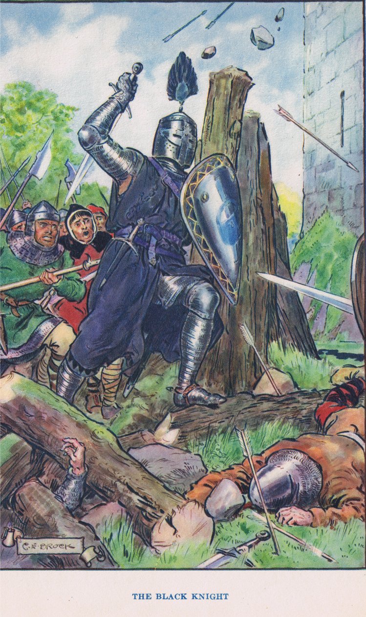 O castelo sitiado - o cavaleiro negro, ilustração de &39;histórias modernas&39; de Charles Edmund Brock