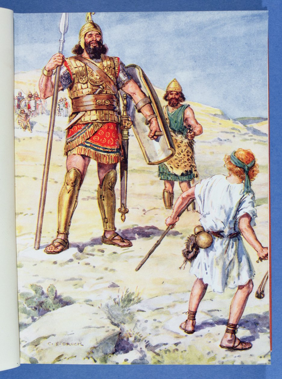 "O filisteu se levantou e veio, e se aproximou para encontrar-se com Davi", ilustração de "Através da Bíblia", Venture Publishing, 1928 de Charles Edmund Brock