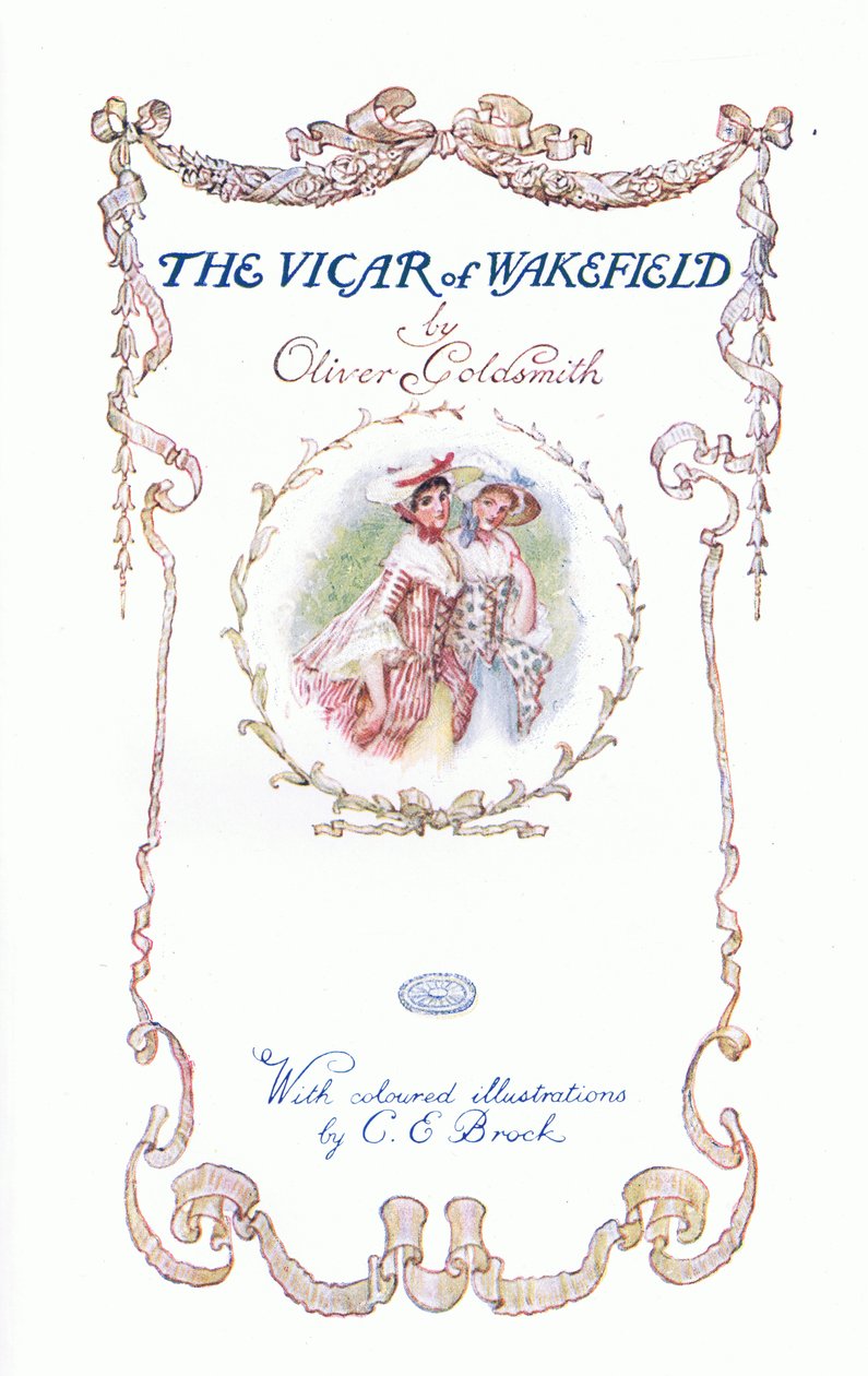 O Vigário da página Wakefield-Title, de The Vicar of Wakefield publicado pela JM Dent & Son Ltd, década de 1920 de Charles Edmund Brock