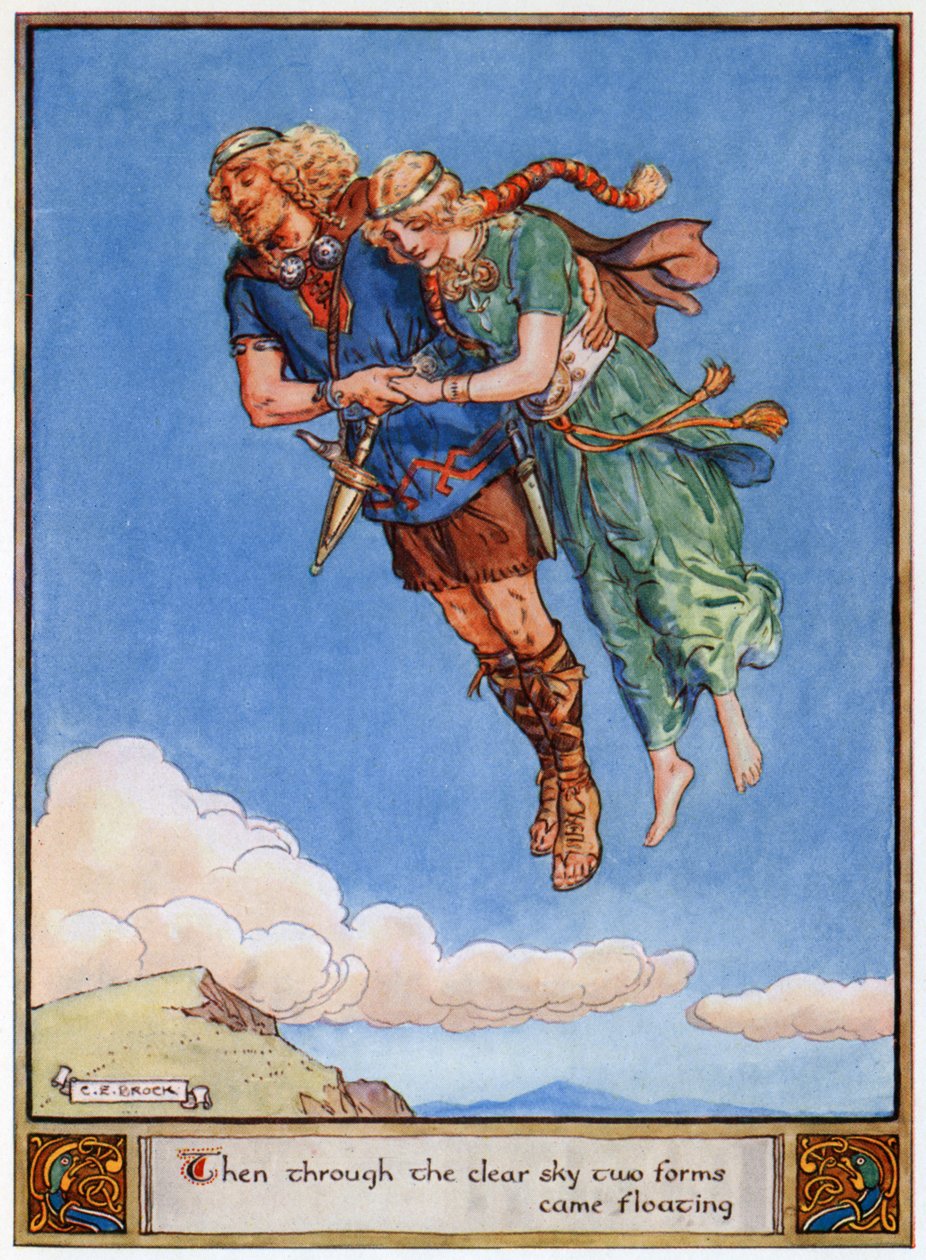 "Então, através do céu claro, duas formas vieram flutuando", ilustração de "Os Heróis de Asgard, Contos da Mitologia Escandinava", de A und E Keary, 1930 de Charles Edmund Brock
