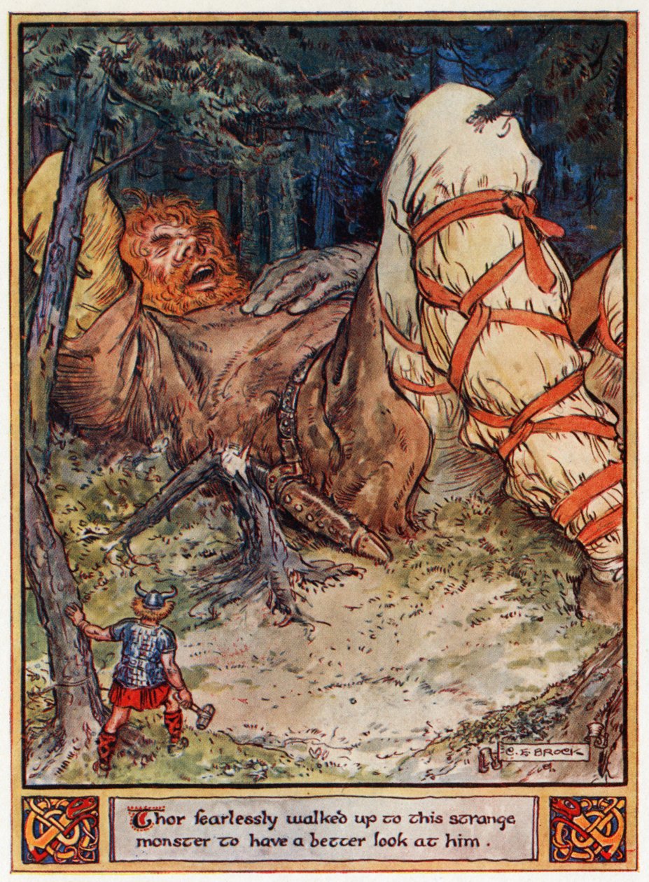 "Thor, sem medo, caminhou até este monstro estranho para ter uma melhor visão dele", ilustração de "Os heróis de Asgard, contos da mitologia escandinava", de A und E Keary, 1930 de Charles Edmund Brock