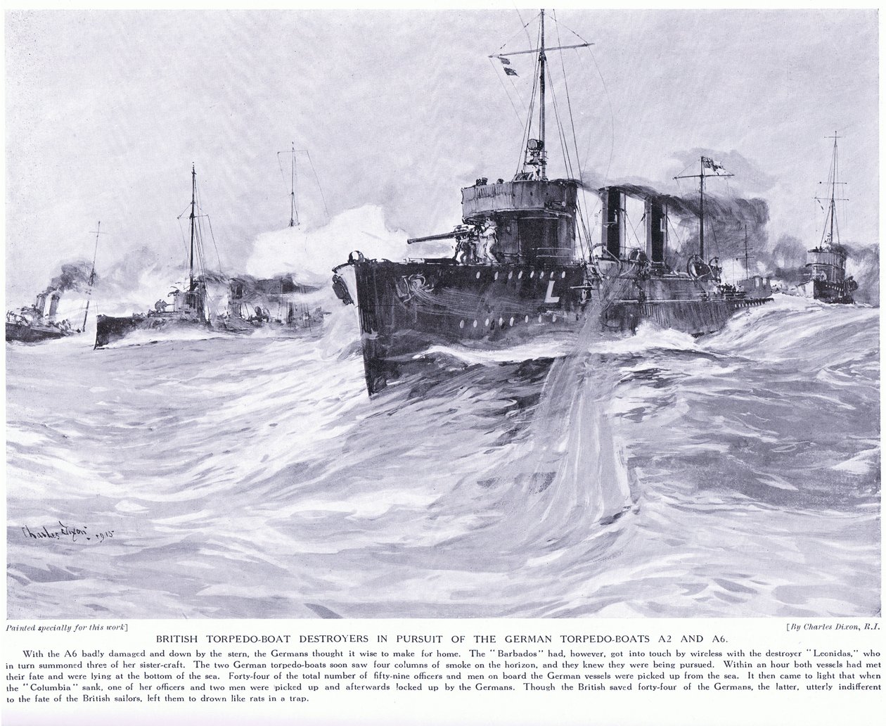 Destruidores britânicos de torpedeiros em busca dos torpedeiros alemães A2 e A6 de novembro de 1914 de Charles Edward Dixon