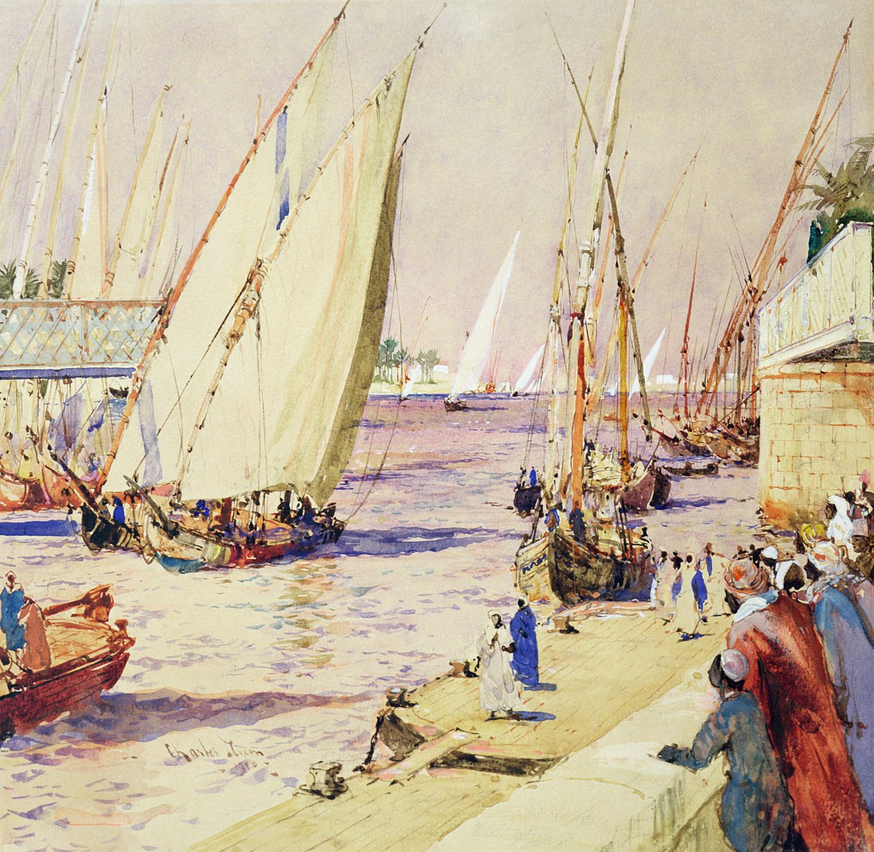 Feluccas na rota comercial, 1910 (caneta e tinta e wc no papel) de Charles Edward Dixon