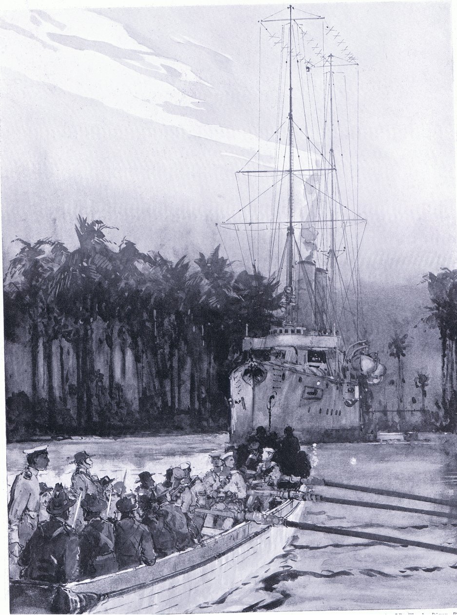Lietenant JM Jackson captura surpresa da canhoneira alemã Komet na costa da Nova Guiné de Charles Edward Dixon