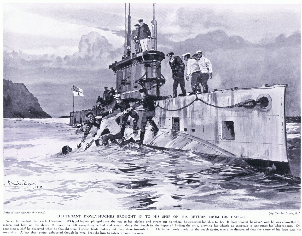 Tenente D&39;Oyly-Hughes RN trouxe para o seu navio em seu retorno de sua façanha agosto de 1915 de Charles Edward Dixon