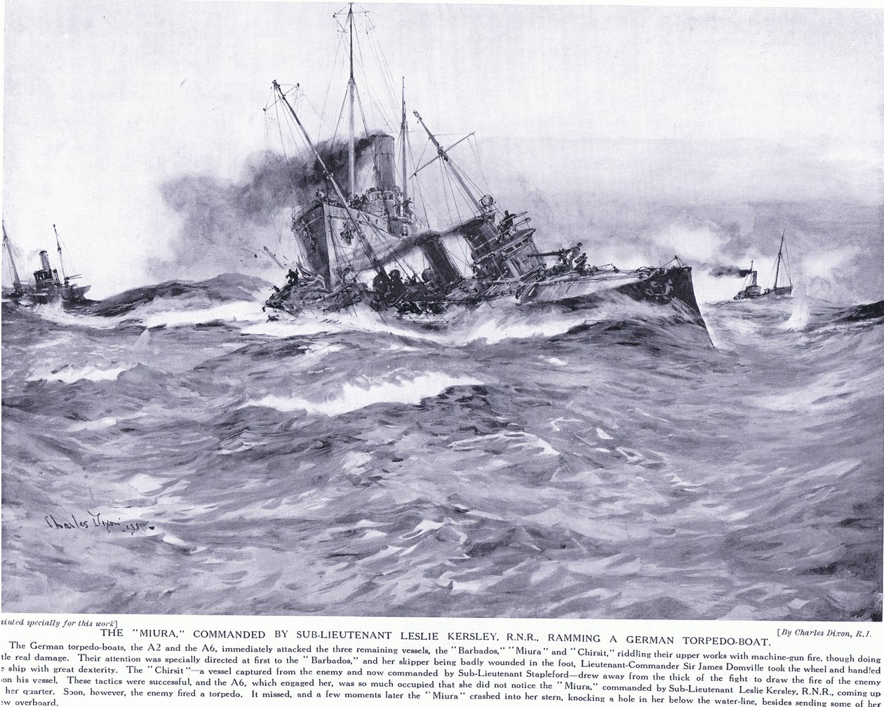 O Miura comandado pelo subtenente Lesley Kelsey RNR forçando um barco torpedeiro alemão, outubro de 1914 de Charles Edward Dixon