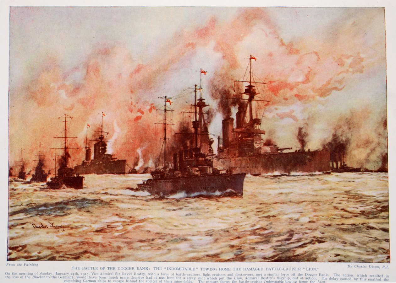 A Batalha do Banco Dogger: o &39;Indomável&39; que reboca o cruzador de batalha danificado &39;Leão&39;, 24 de janeiro de 1915, ilustração de &39;A História da Nação Britânica&39; de Hutchinson, c.1920 de Charles Edward Dixon