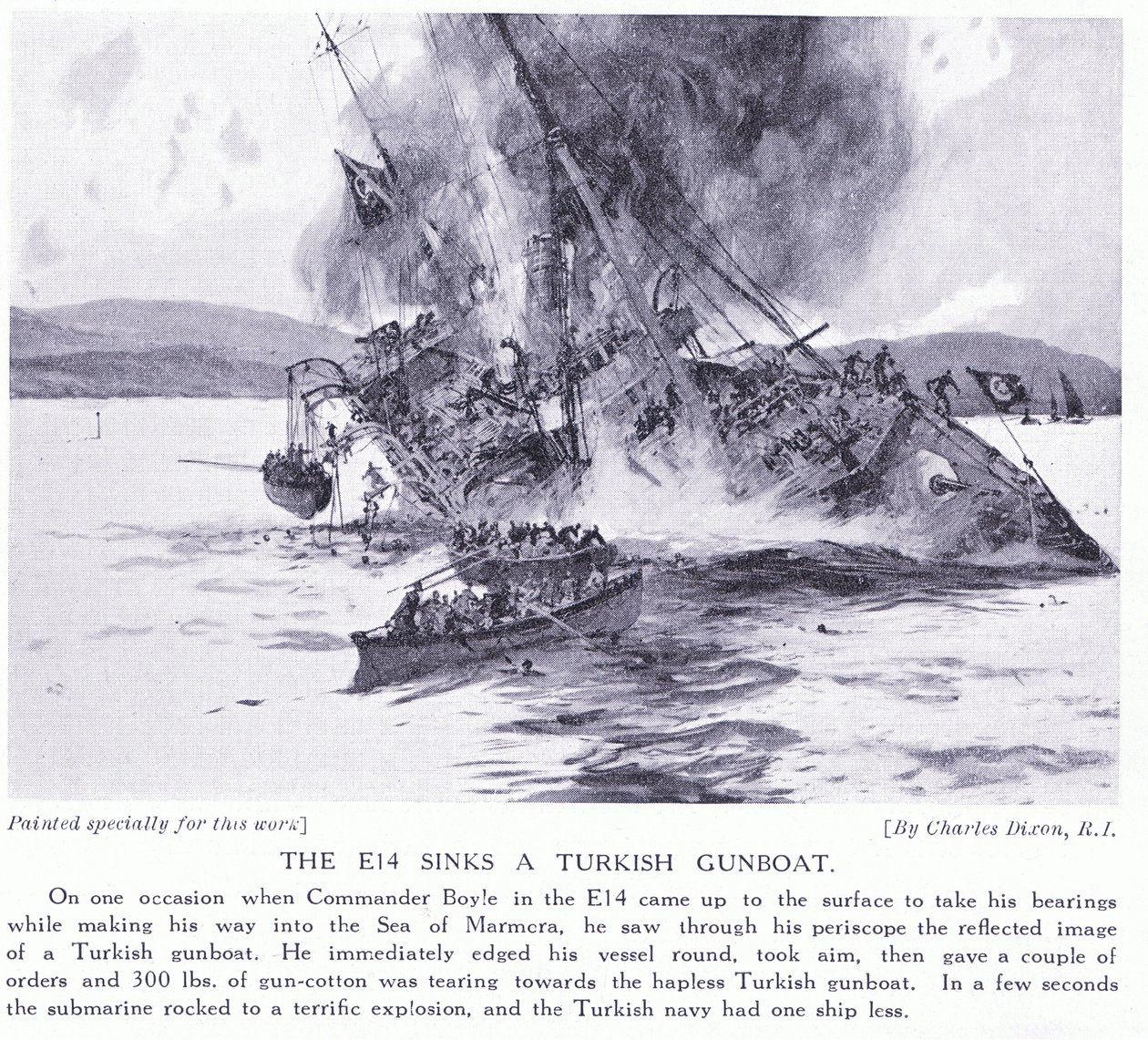 A E14 afunda uma canhoneira turca no mar de Marmora em 1915 de Charles Edward Dixon