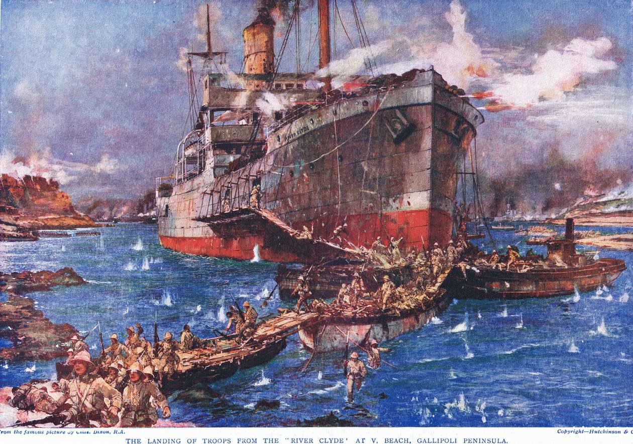 Aterrissagem de tropas do "Rio Clyde" na Praia de V, na Península de Gallipoli, ilustração de "Deeds that Thrill the Empire", publicado por Hutchinson und Co., c.1920 de Charles Edward Dixon