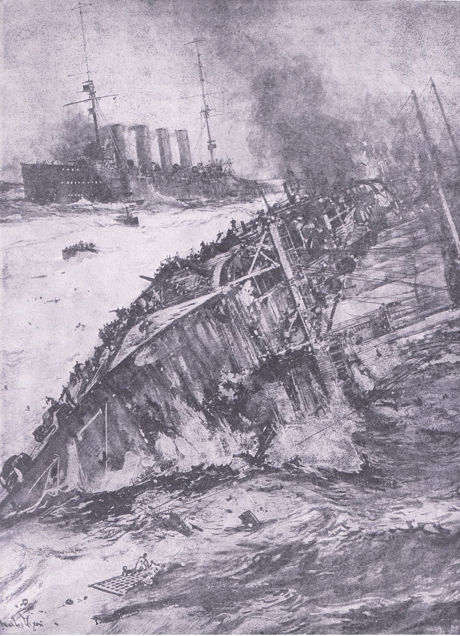 O desastre no Mar do Norte: o naufrágio do Aboukir, da História da Grande Guerra Vol. 3 publicado pela Waverley Book Co Limited, c.1920 de Charles Edward Dixon
