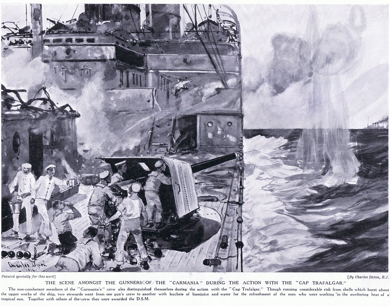 A cena entre os artilheiros da Carmania durante a ação com o Cap Trafalgar de Charles Edward Dixon