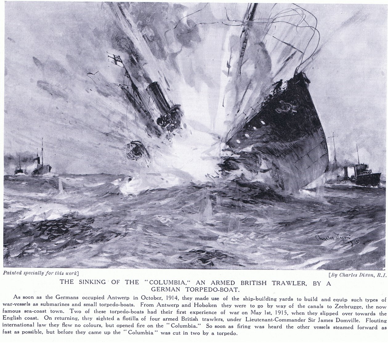 O naufrágio do Columbia uma traineira britânica armada por um torpedeiro alemão no litoral inglês em outubro de 1914 de Charles Edward Dixon