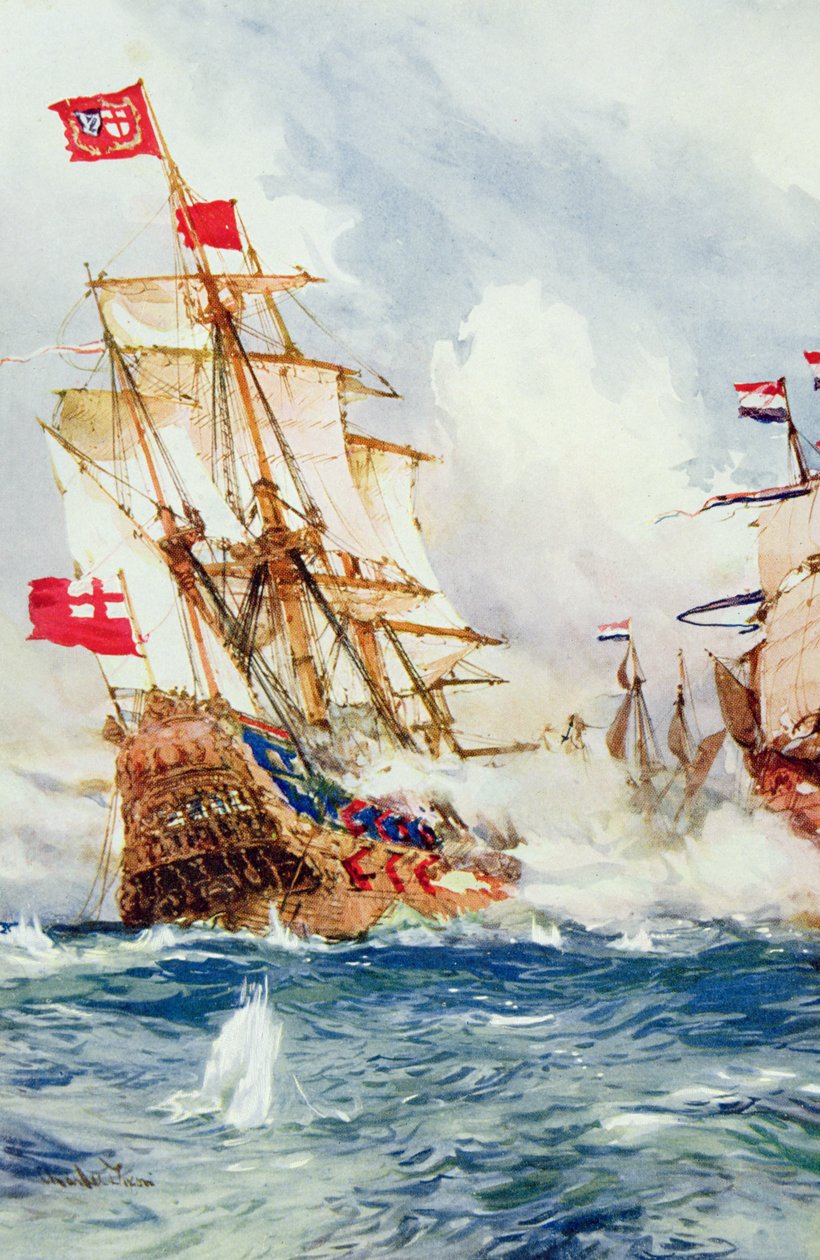 Quando Blake Swept the Seas: Uma Batalha Entre o Almirante Blake (1599-1657) e Van Tromp (1598-1653) ilustração de "Batalhas Britânicas em Terra e Mar", editado por Sir Evelyn Wood (1838-1919), publica o primeiro de Charles Edward Dixon