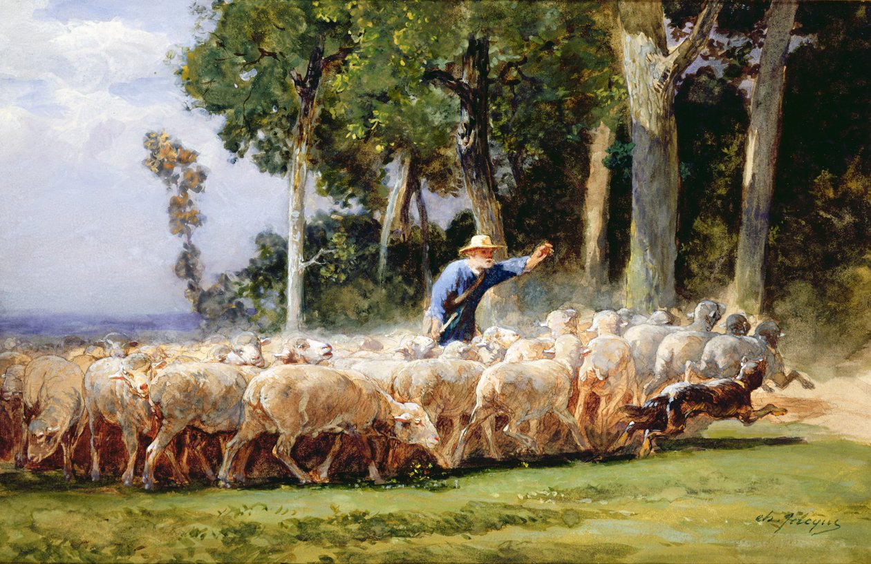 Um pastor com um rebanho de ovelhas (wc no papel) de Charles Emile Jacques