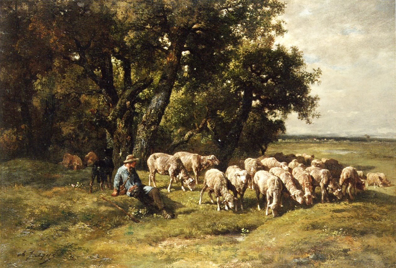 Um, pastor, e, seu, rebanho, óleo, ligado, lona de Charles Emile Jacques