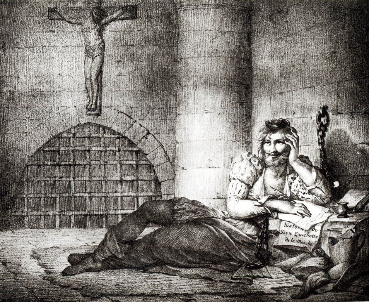 Miguel de Cervantes Saavedra (1547-1616) escrevendo &39;Don Quixote&39; em uma masmorra da Inquisição de Charles Etienne Pierre Motte