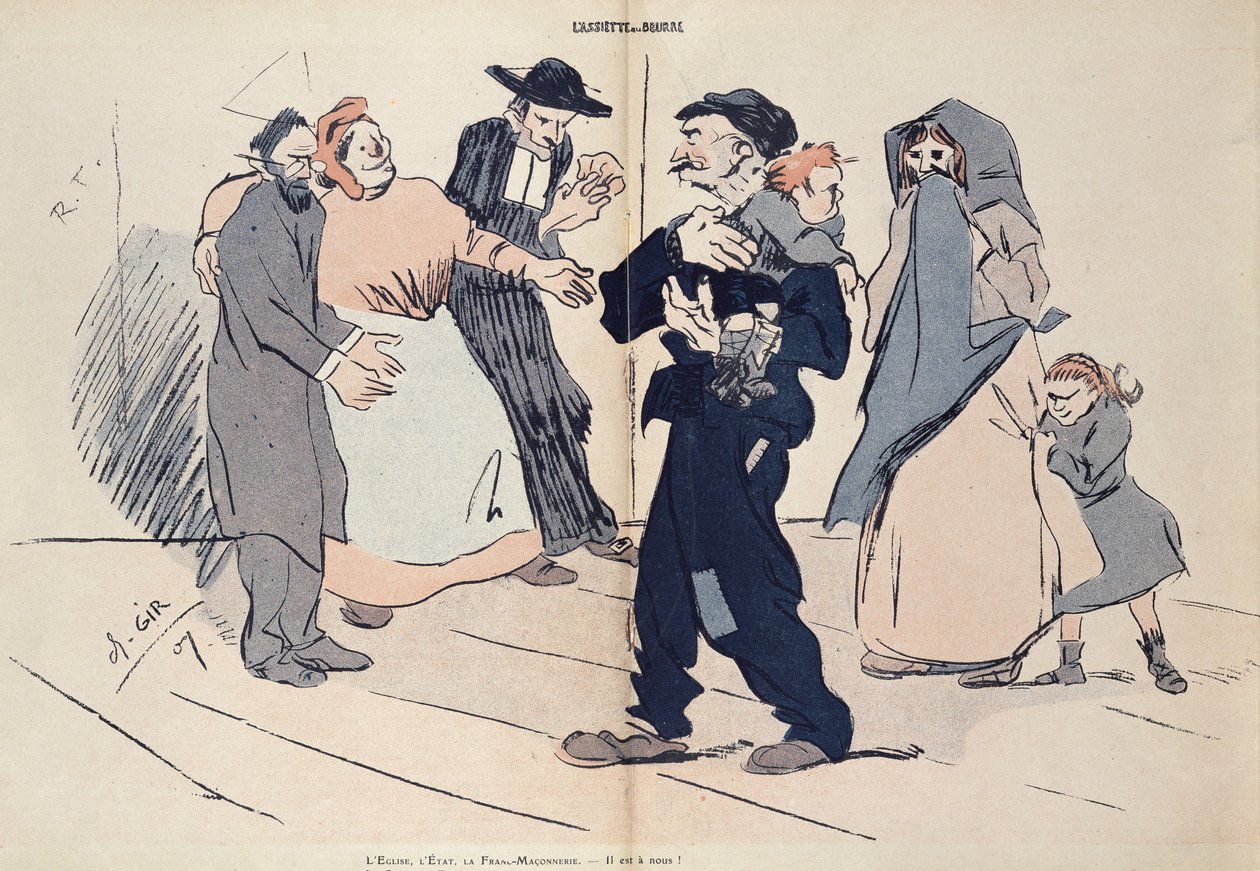 Luta por uma criança entre a família da criança e a Igreja, o Estado e os maçons, caricatura de L&39;Assiette au Beurre &39;, 1907 de Charles Felix Gir