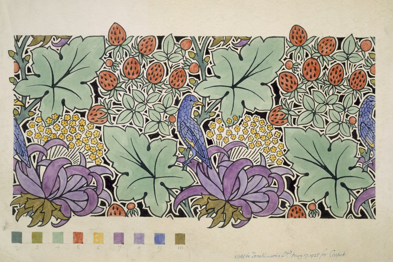 Pássaro azul entre os morangos (wc e lápis sobre papel) de Charles Francis Annesley Voysey