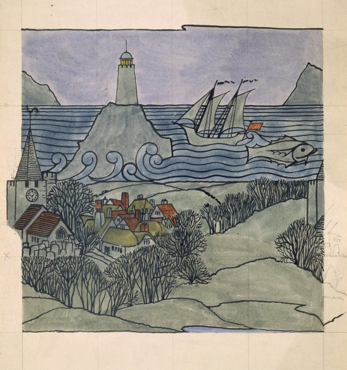 Farol, navio e vila (wc e lápis sobre papel) de Charles Francis Annesley Voysey