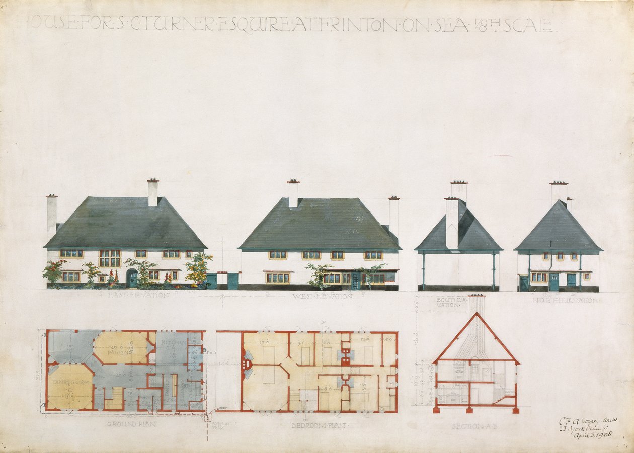 Casa proposta para C. Turner Esq. em Frinton on Sea, 1908 (wc e lápis no papel) de Charles Francis Annesley Voysey