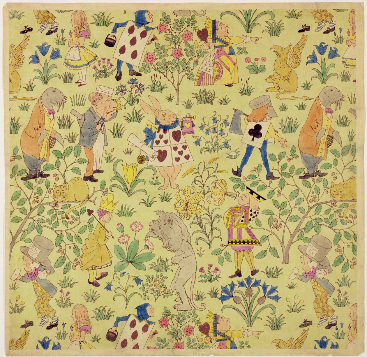 Design têxtil para &39;Alice no País das Maravilhas&39; (wc e lápis sobre papel) de Charles Francis Annesley Voysey