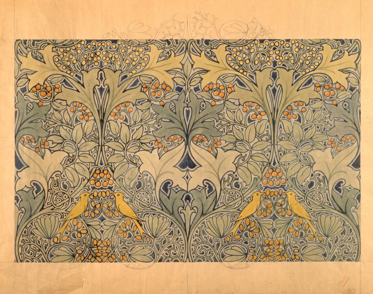 Design têxtil com pássaros, bagas e folhagem (wc e lápis sobre papel) de Charles Francis Annesley Voysey