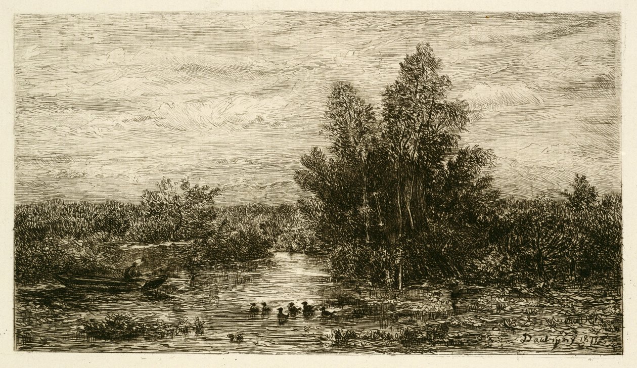 Pescador no rio com patos, 1878 de Charles Francois Daubigny