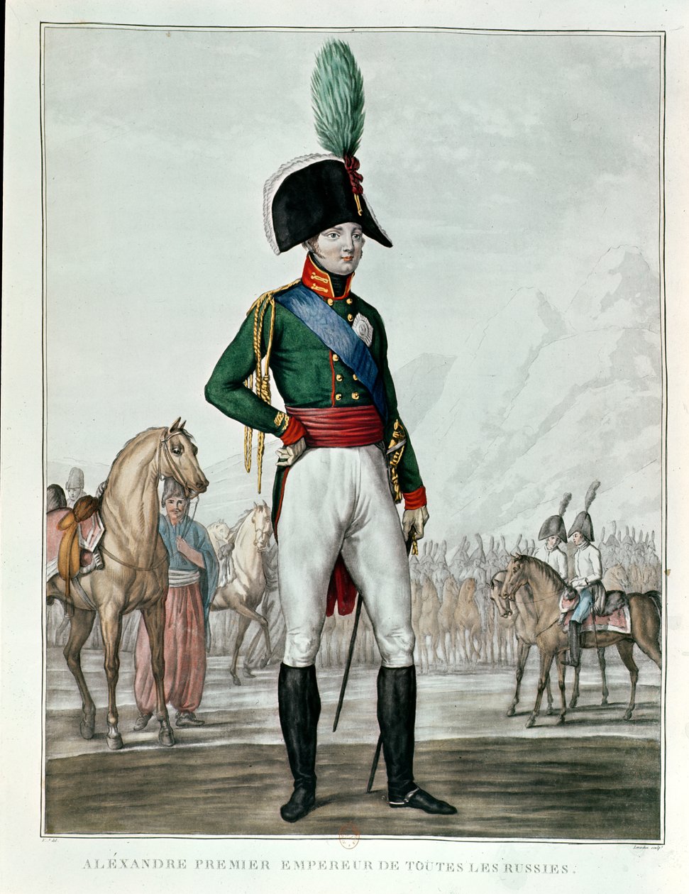 Retrato de Alexandre I Pavlovich (1777-1825) com seu exército de Charles Francois Gabriel Levachez
