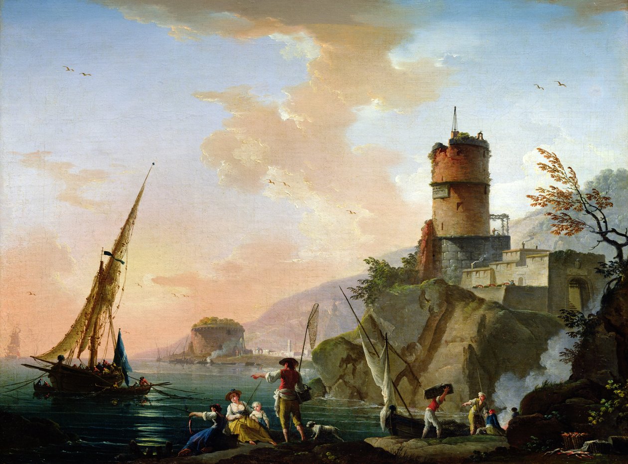 Vista, de, um, mediterrâneo, porto de Charles Francois Lacroix de Marseille